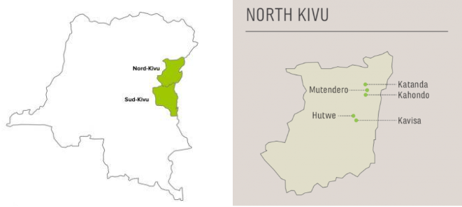 Mapa de l'àrea de North Kivu,  la principal zona de cultiu de cafè aràbiga del Congo 